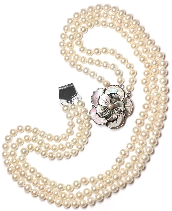 Foto 3 - Dreireihiges Perlen Collier mit riesiger Perlmutt Blüte, R9092