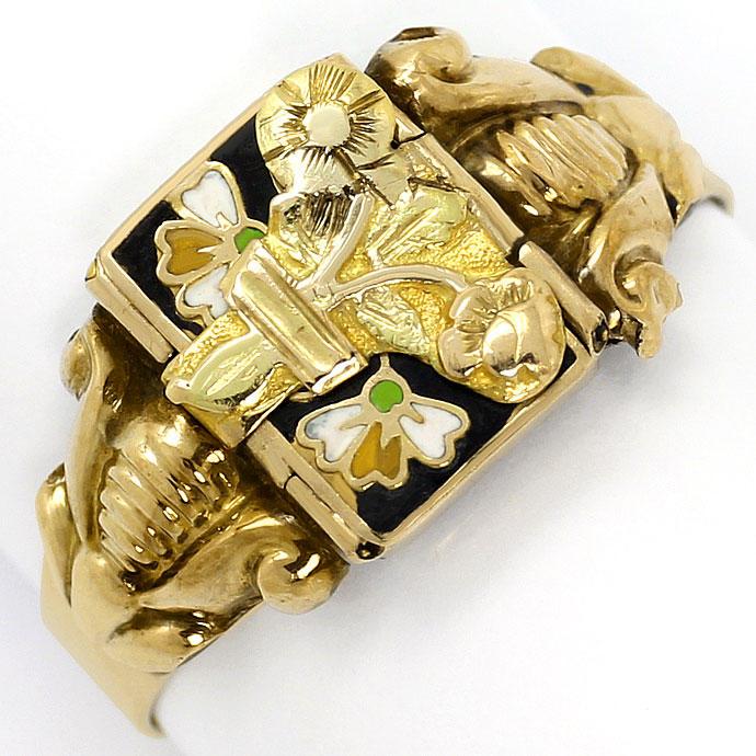 Foto 4 - antiker Gold-Ring mit Emaille, Gift Fach und Schaumgold, S3626